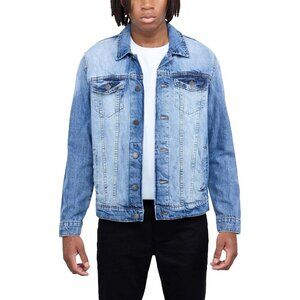 Mens Medium Blue Denim Jacket Washed Ripped Distressed Stretch Casual Trucker